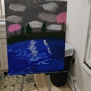 Abstract Painting with Blue Water and Pink Cloud